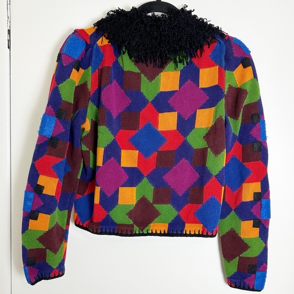 Michael Simon Rainbow Patchwork Cardigan Sweater Fuzzy Collar Small - Picture 2 of 6